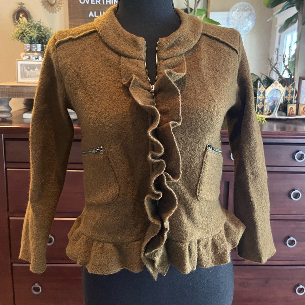 LOFT Olive Ruffle Front Cropped Blazer Petite